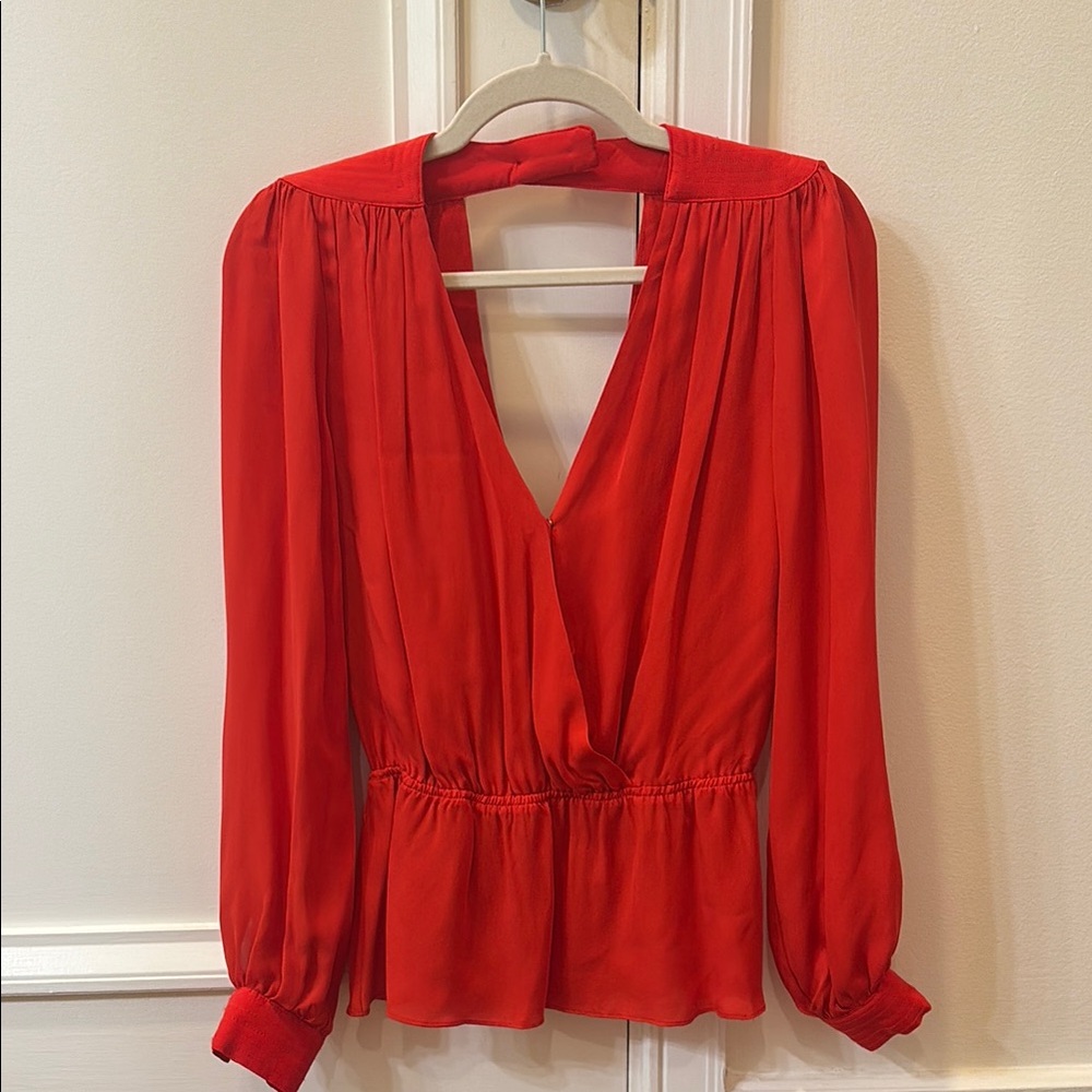 BNWT Red Ruched Peplum Parker Silk Blouse with V-Neckline